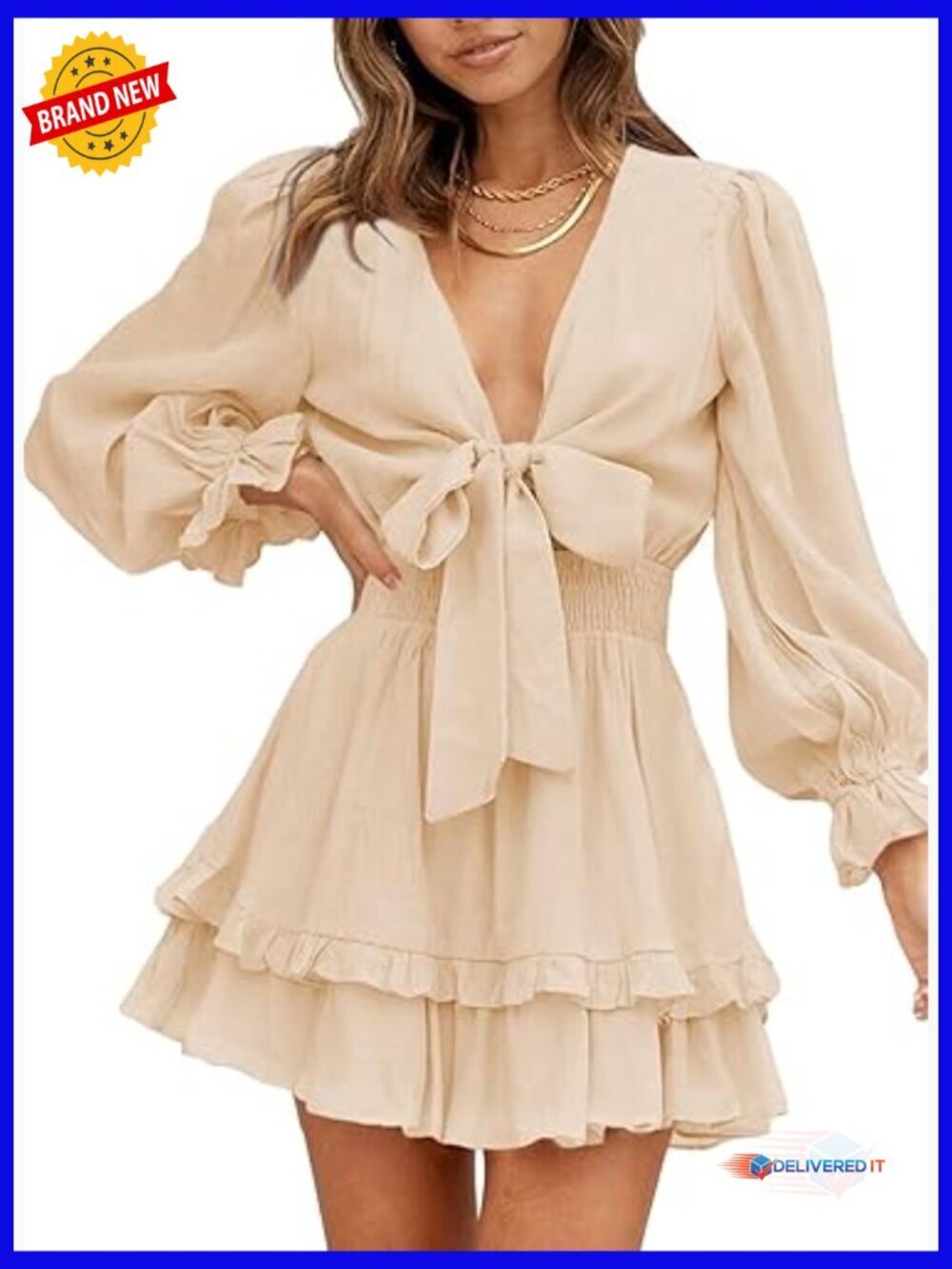 Deep V Neck Knotted Tiered Chiffon Swing Mini Dress